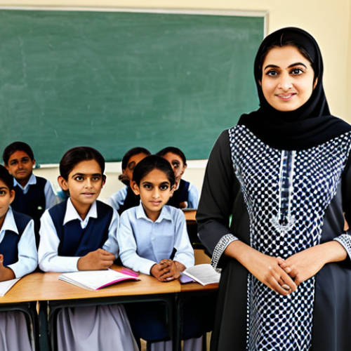Home 13 **
"A professional female teacher in a modest, patterned shalwar kameez, standing in a bright and welcoming classroom filled with diverse children, fully clothed, appropriate attire, safe for work, perfect anatomy, natural proportions, educational setting, family-friendly, high quality, well-formed hands, proper finger count, natural body proportions."
**
