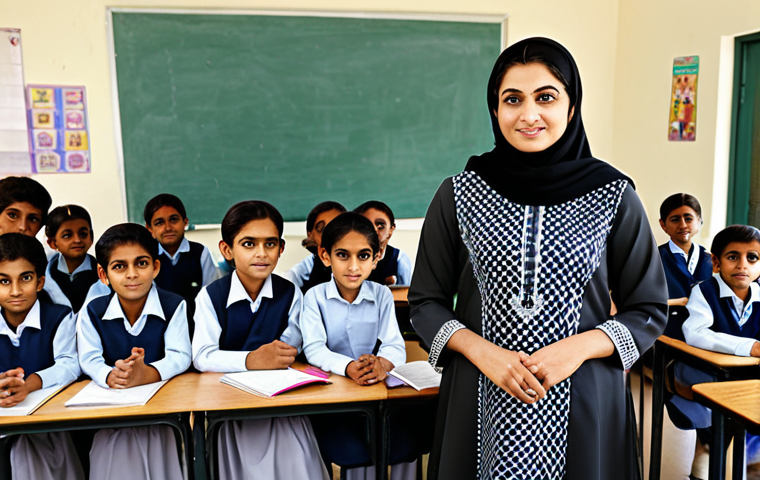 **

"A professional female teacher in a modest, patterned shalwar kameez, standing in a bright and welcoming classroom filled with diverse children, fully clothed, appropriate attire, safe for work, perfect anatomy, natural proportions, educational setting, family-friendly, high quality, well-formed hands, proper finger count, natural body proportions."

**