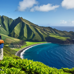 세인트헬레나 역사적 유적지 - **Prompt:** A scenic view of St. Helena Island, showcasing its rugged coastline and lush green hills...