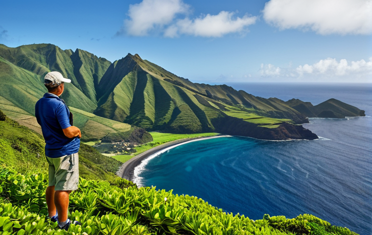 세인트헬레나 역사적 유적지 - **Prompt:** A scenic view of St. Helena Island, showcasing its rugged coastline and lush green hills...